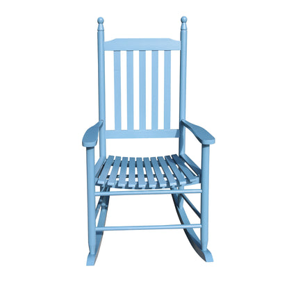 Light blue wooden porch rocker chair with vertical slat back and slatted seat