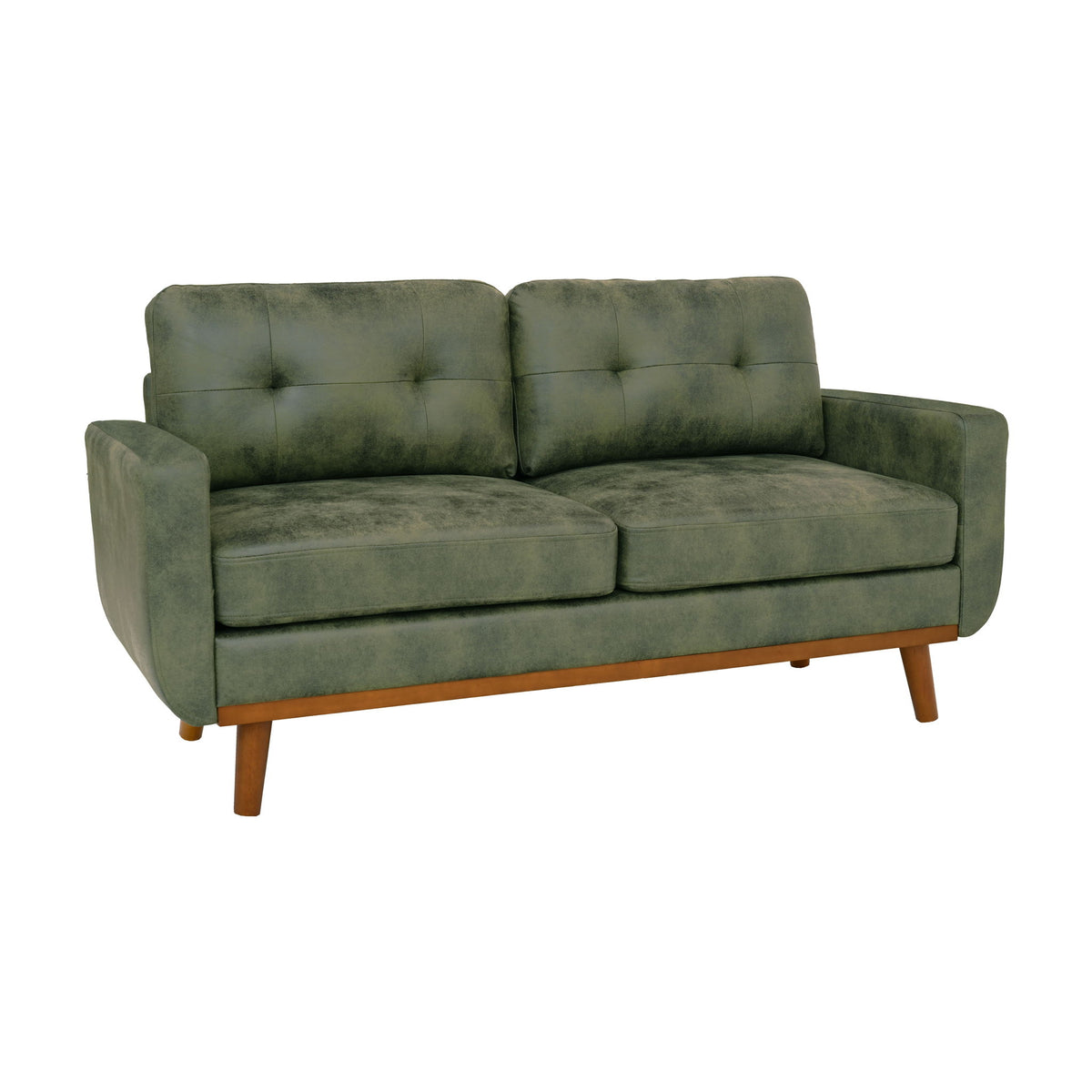 Dark green two-seat sofa with tufted back cushions and wood legs