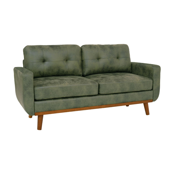 Dark green two-seat sofa with tufted back cushions and wood legs