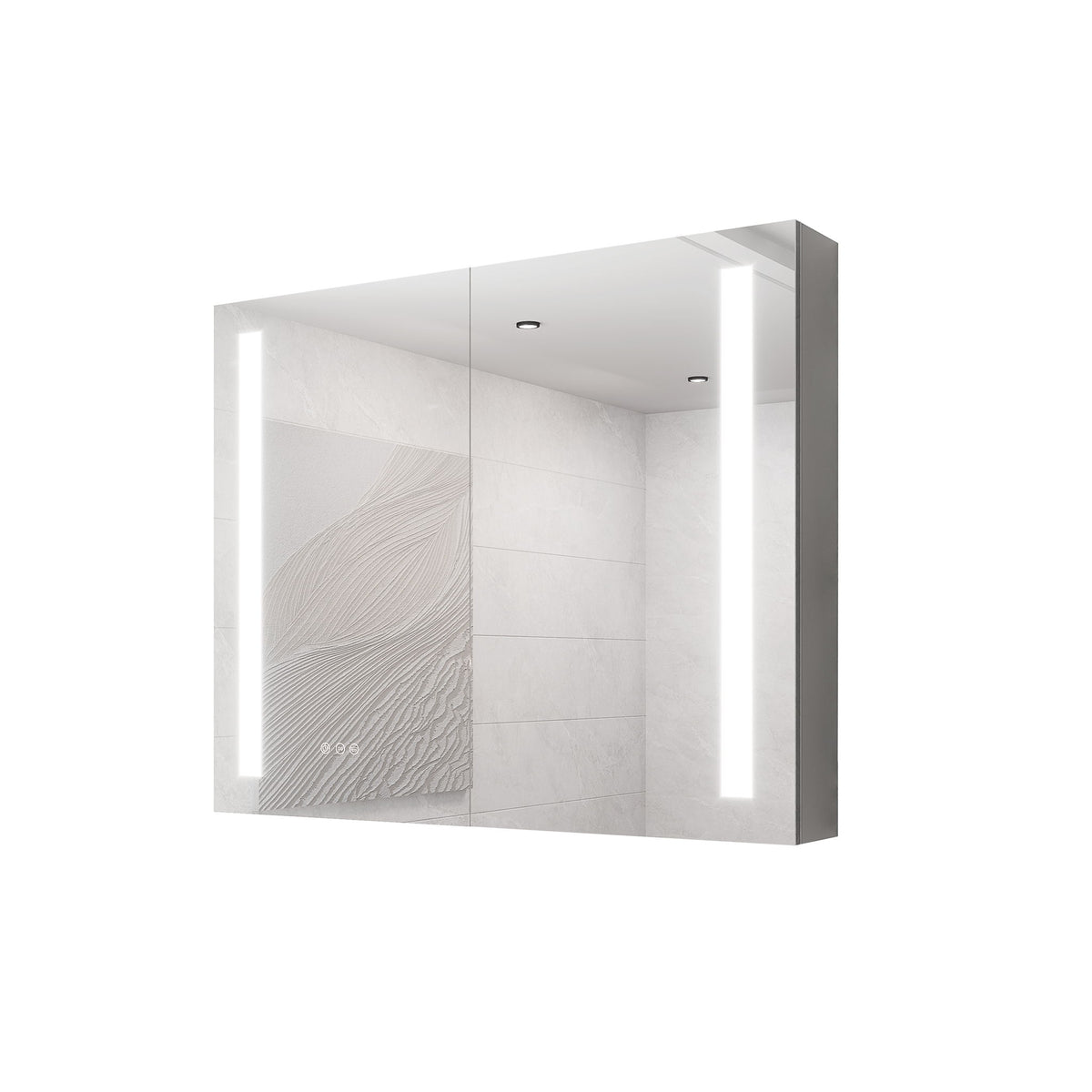Pearl silver LED mirror medicine cabinet with double doors and vertical lights