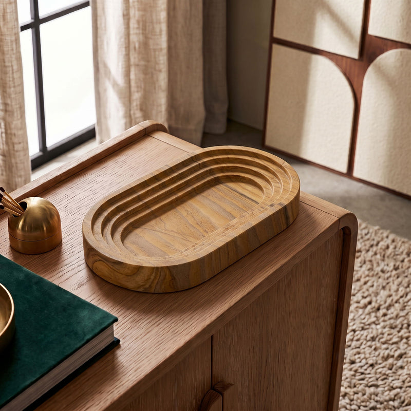Marble tray with oval wooden base, beige concentric veining inlaid center
