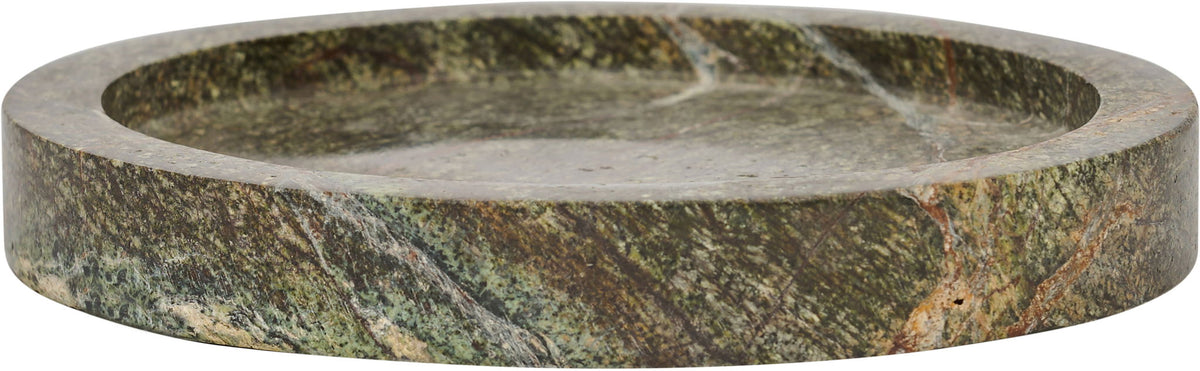 Green marble tray with round rim and shallow basin with mottled stone pattern