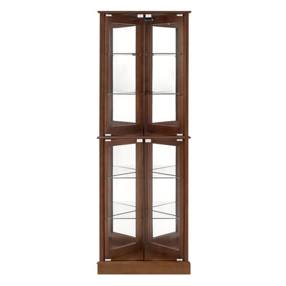 Dark brown corner display cabinet with mirrored back, glass doors, and adjustable shelves