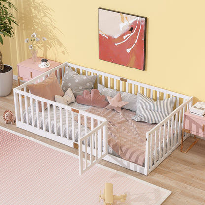 Twin Size Floor Bed with High Fence Railings, with Door, Rubber Wood Floor Bed with Safety Guardrails, White