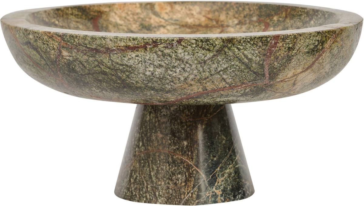 Marble bowl by Simpson, green marble speckled with yellow-brown tones