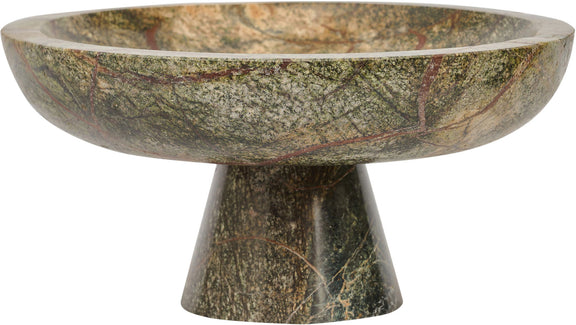 Marble bowl by Simpson, green marble speckled with yellow-brown tones