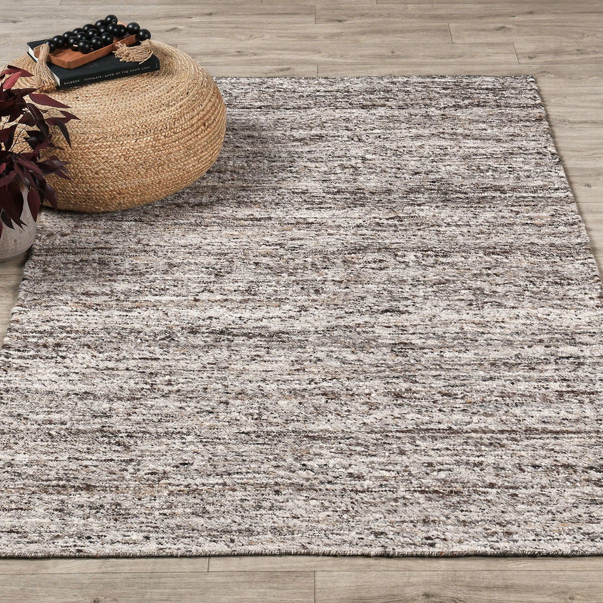 Beige tan area rug with speckled texture and horizontal stripe look, rectangular.
