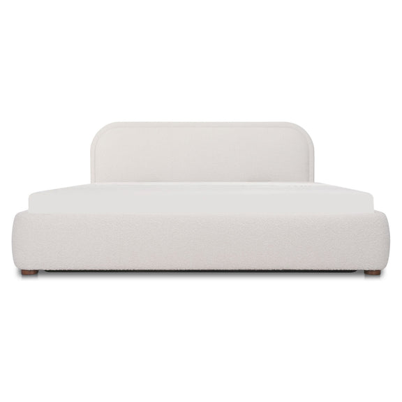 Oatmeal upholstered king storage bed with padded headboard and low profile