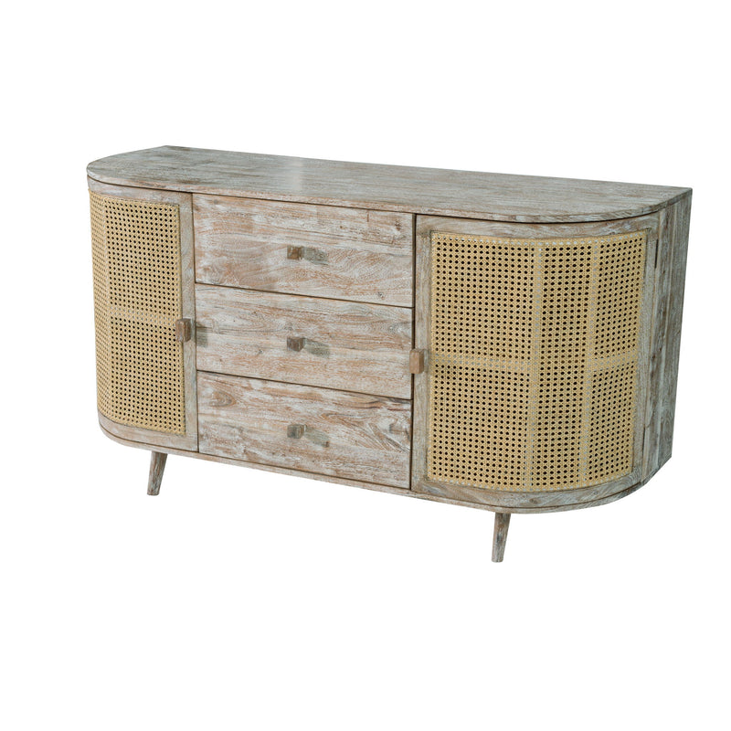 Curved TV console with cane doors, three drawers, and distressed gray-white finish