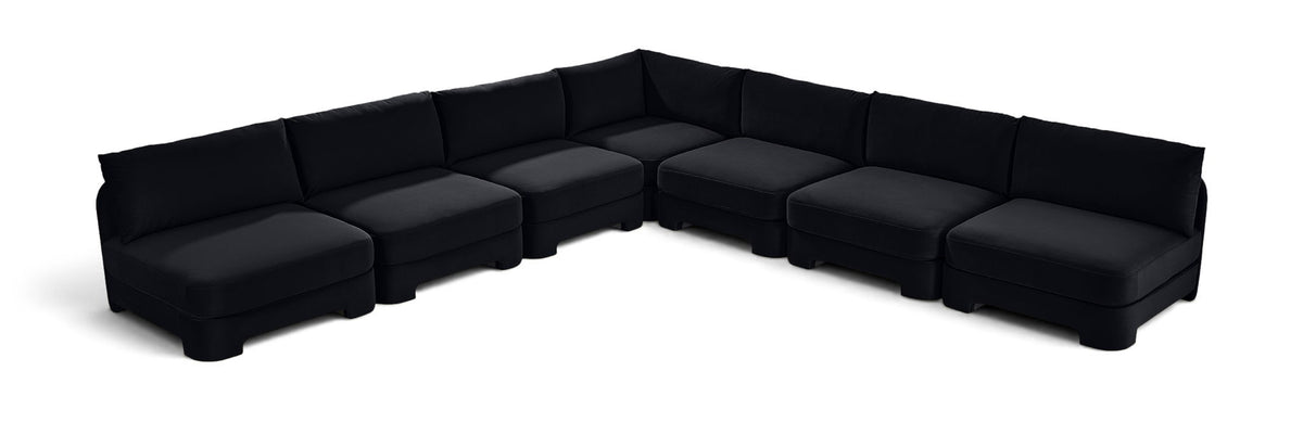Black armless velvet sectional sofa with ottoman-style seats, 7-piece set