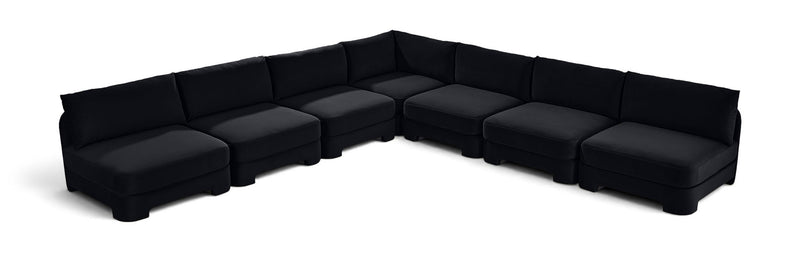 Black armless velvet sectional sofa with ottoman-style seats, 7-piece set