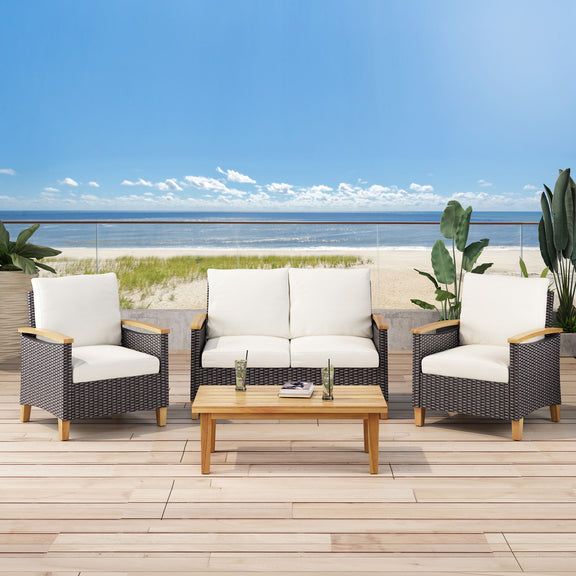 Outdoor seating set with two armchairs and loveseat, beige cushions, dark wicker frames