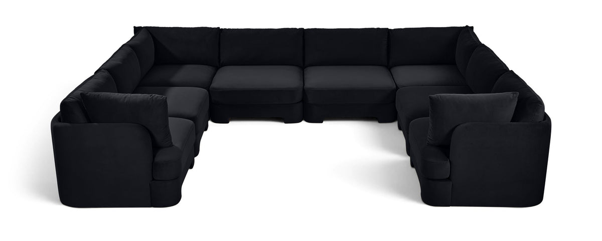 Black velvet U-shaped sectional sofa, 8-piece set with cushioned corner blocks