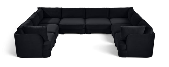 Black velvet U-shaped sectional sofa, 8-piece set with cushioned corner blocks