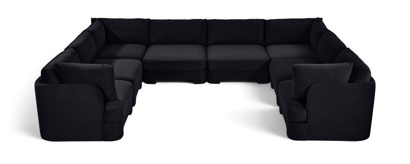 Black velvet U-shaped sectional sofa, 8-piece set with cushioned corner blocks