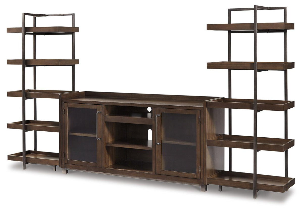 Dark brown TV stand with side open shelving and cabinet doors