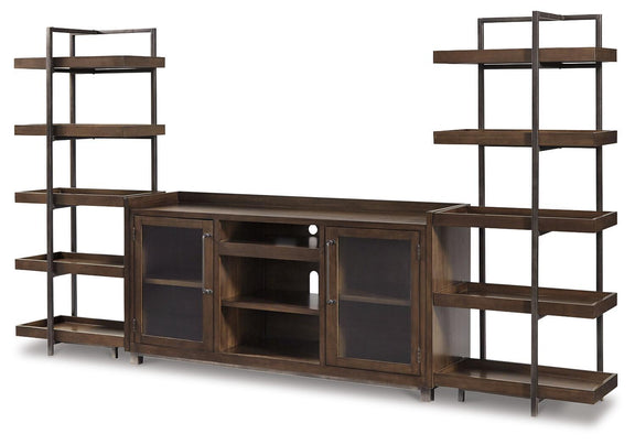 Dark brown TV stand with side open shelving and cabinet doors