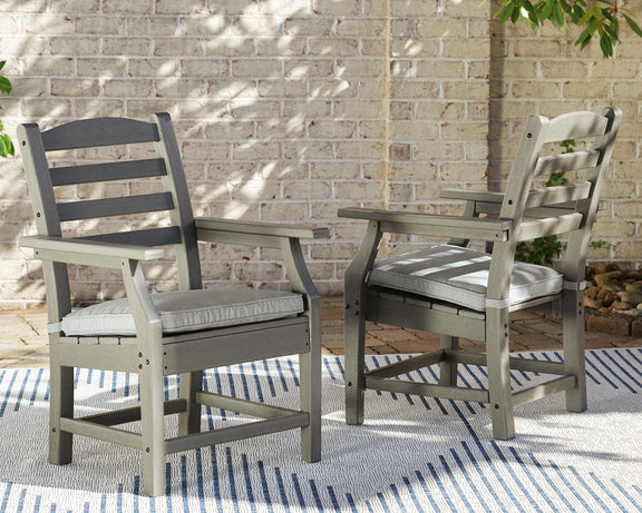 Set of 2 gray arm chairs with light gray cushions and slatted backs, wooden frames