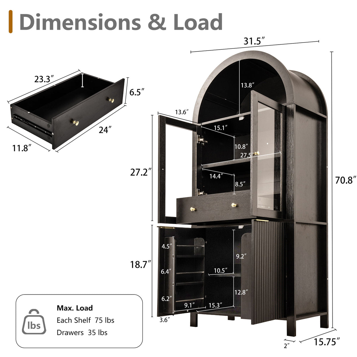 Fluted Tall Arched Pantry Cabinet With Adjustable Shelves, Glass Door & Hidden Drawer For Kitchen
