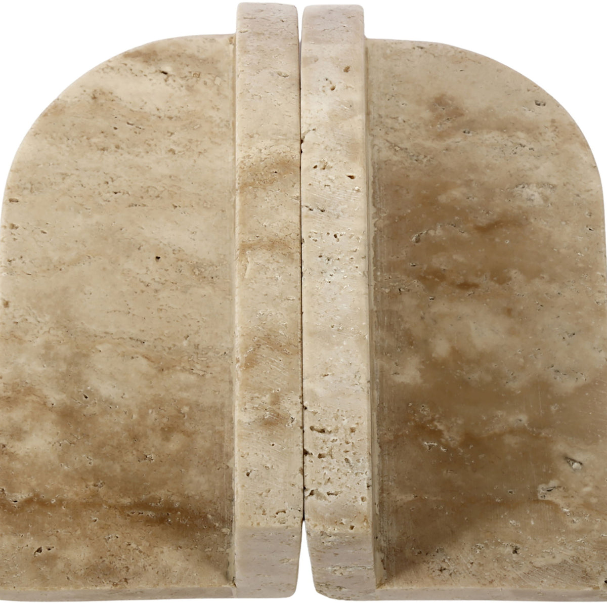 Travertine marble bookend with rounded arched shape and central vertical divider