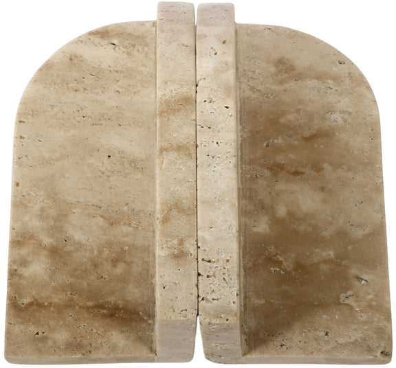Travertine marble bookend with rounded arched shape and central vertical divider