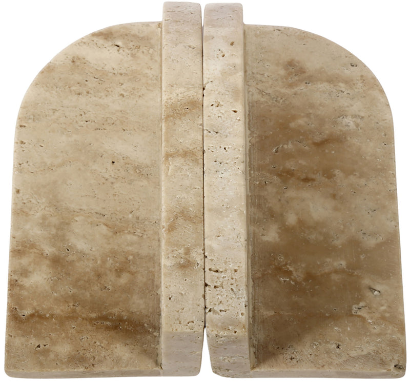 Travertine marble bookend with rounded arched shape and central vertical divider