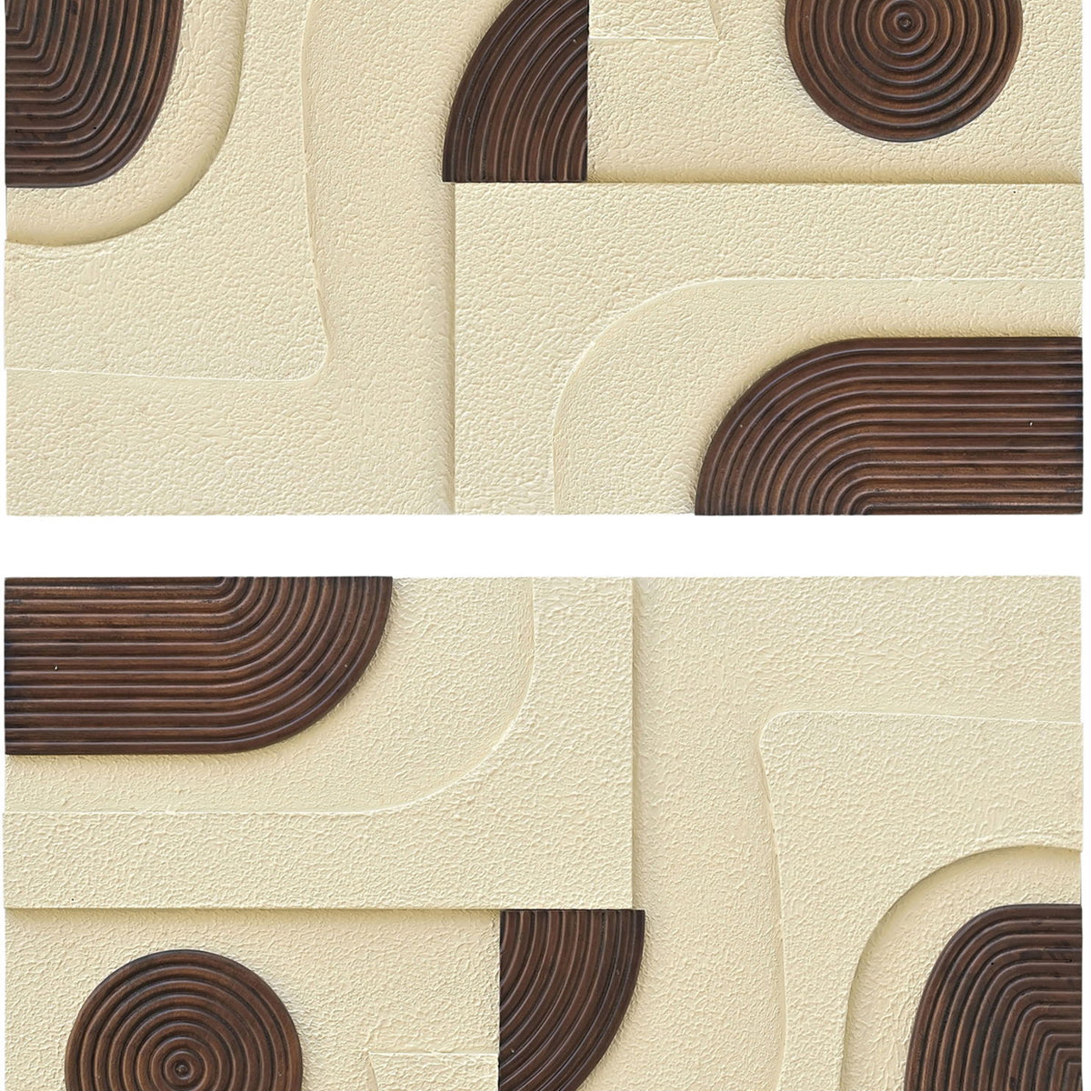 Mango wood wall art with circular ring motifs in dark brown and tan on textured cream panel