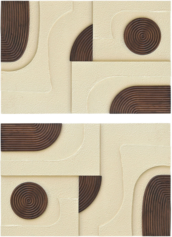 Mango wood wall art with circular ring motifs in dark brown and tan on textured cream panel