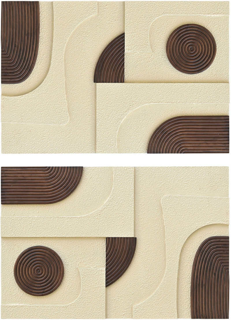 Mango wood wall art with circular ring motifs in dark brown and tan on textured cream panel