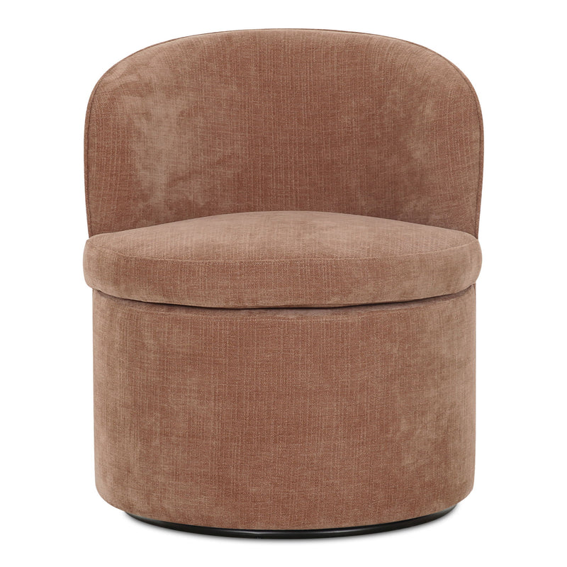 Dusty pink upholstered swivel accent chair with rounded arms and cushioned seat