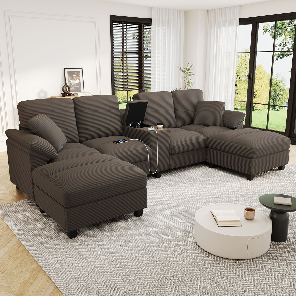 Gray U-shaped sectional sofa with storage ottomans in a living room setting