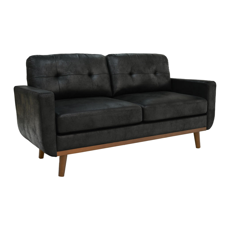 Black two-seat sofa with tufted back cushions and tapered wooden legs