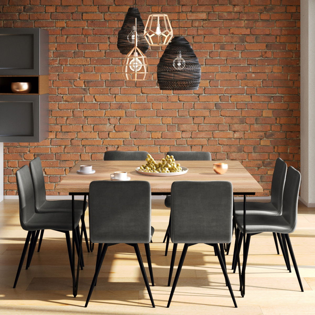 Square dining table with medium brown wood tabletop and black metal legs
