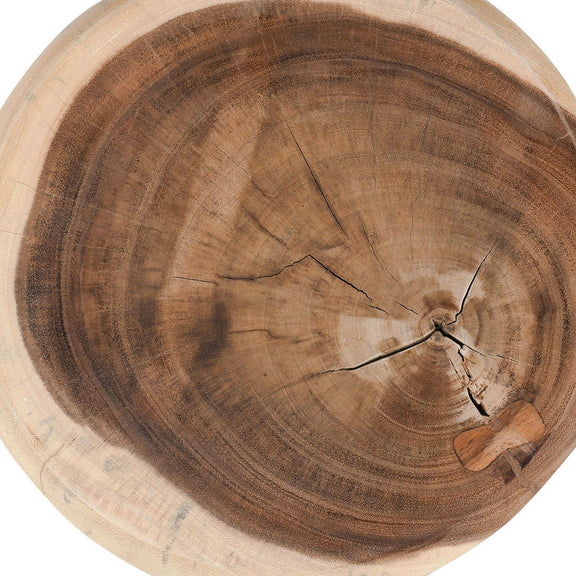 Natural round end table top view with circular wood grain and small knot detail