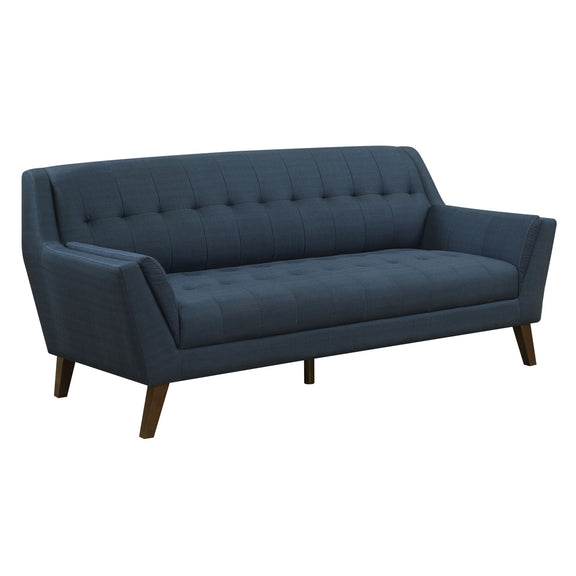 Blue fabric sofa with tufted back, track arms, and tapered wooden legs