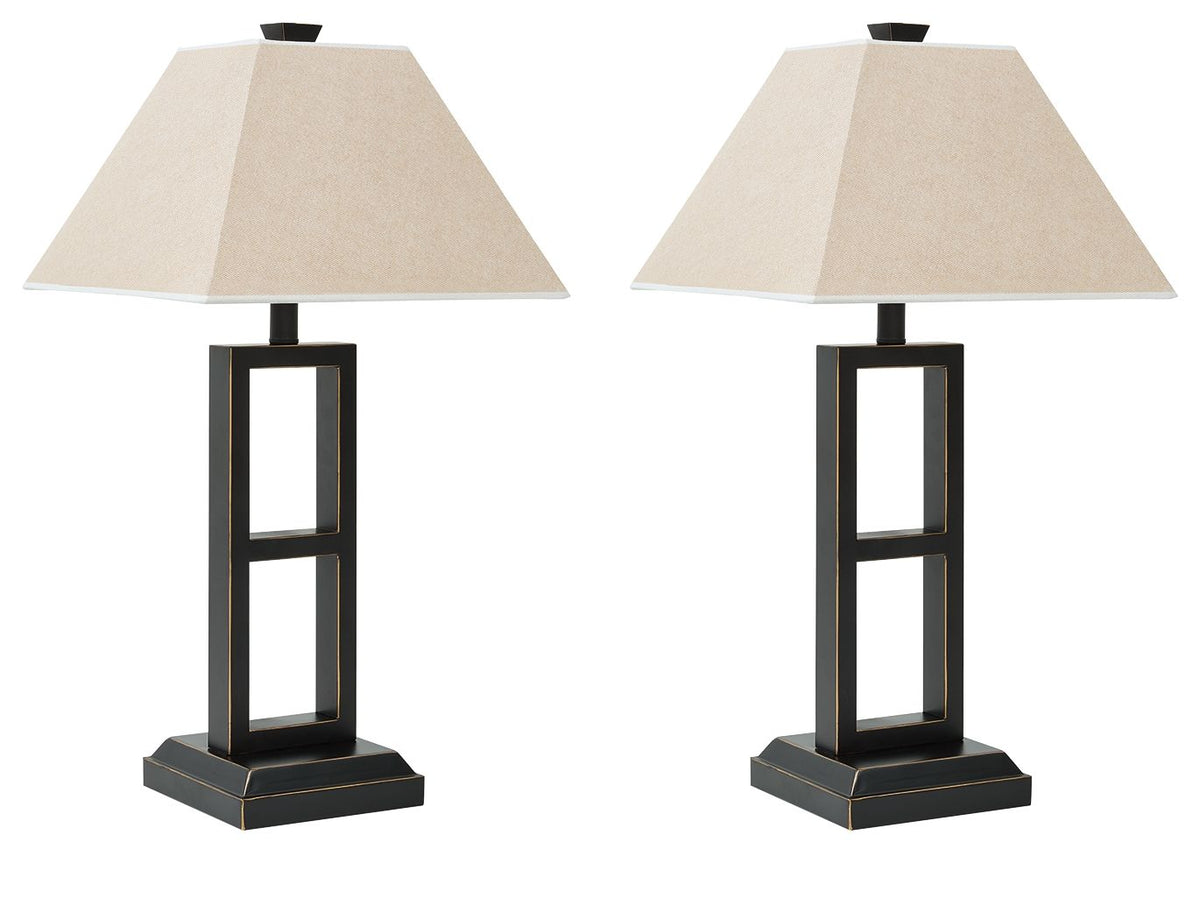 Black metal table lamp with beige fabric shade, lantern frame (set of 2)