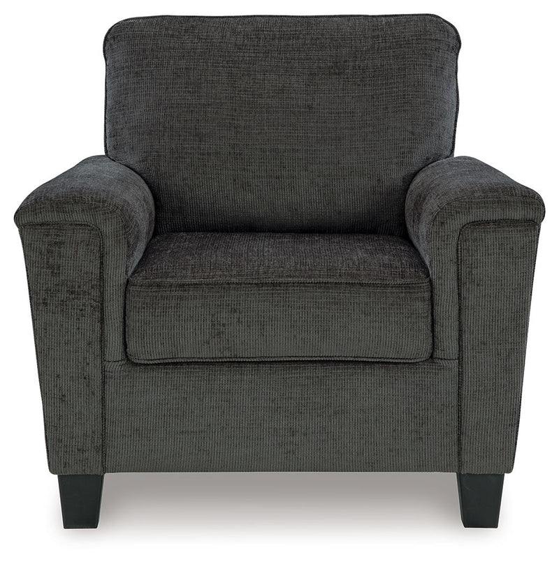 Upholstered armchair with dark gray textured fabric, wide backrest and square arms