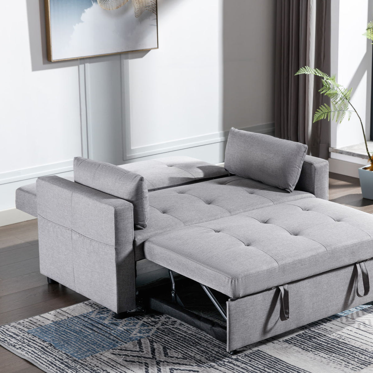 2 Seaters Slepper Sofa Bed Linen Fabric 3-In-1 Convertible Sleeper Loveseat With Side Pocket