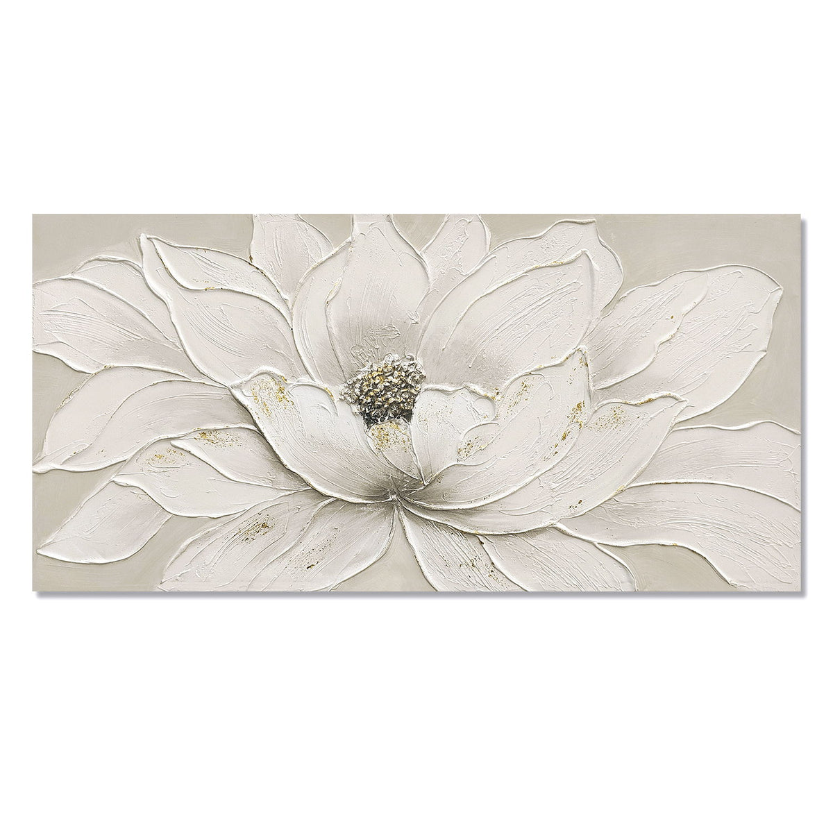Lotus Flower Canvas Wall Art, Hand Painted Textured Floral Painting - Antique White