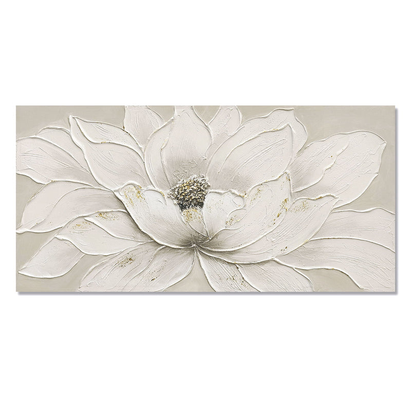 Lotus Flower Canvas Wall Art, Hand Painted Textured Floral Painting - Antique White
