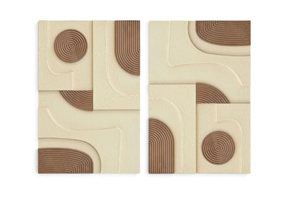 2-piece wall art set with light brown concentric circle relief panels on cream texture