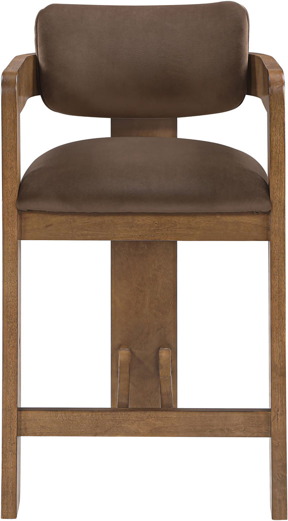 Brown wooden velvet stool with dark brown cushion, round seat, and vertical slat back