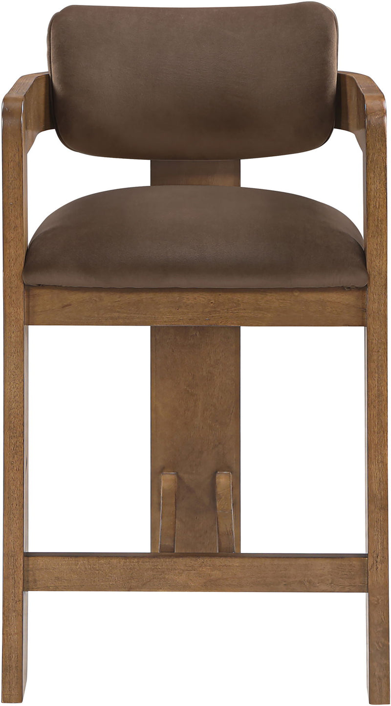 Brown wooden velvet stool with dark brown cushion, round seat, and vertical slat back