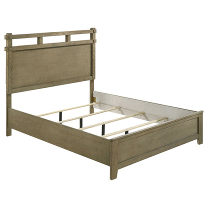 Light brown panel bed frame with open underbed storage area and slatted base