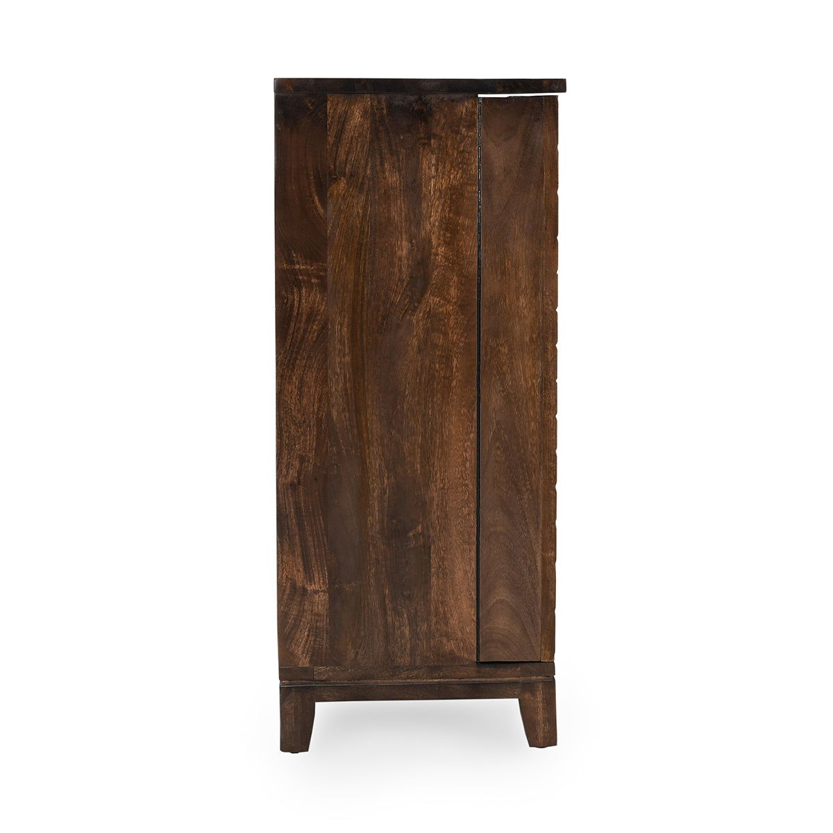 Brown wooden bar cabinet with two doors and dark tapered legs