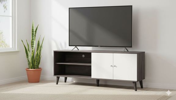 Dark brown TV stand with two open shelves and white cabinet doors, tapered legs