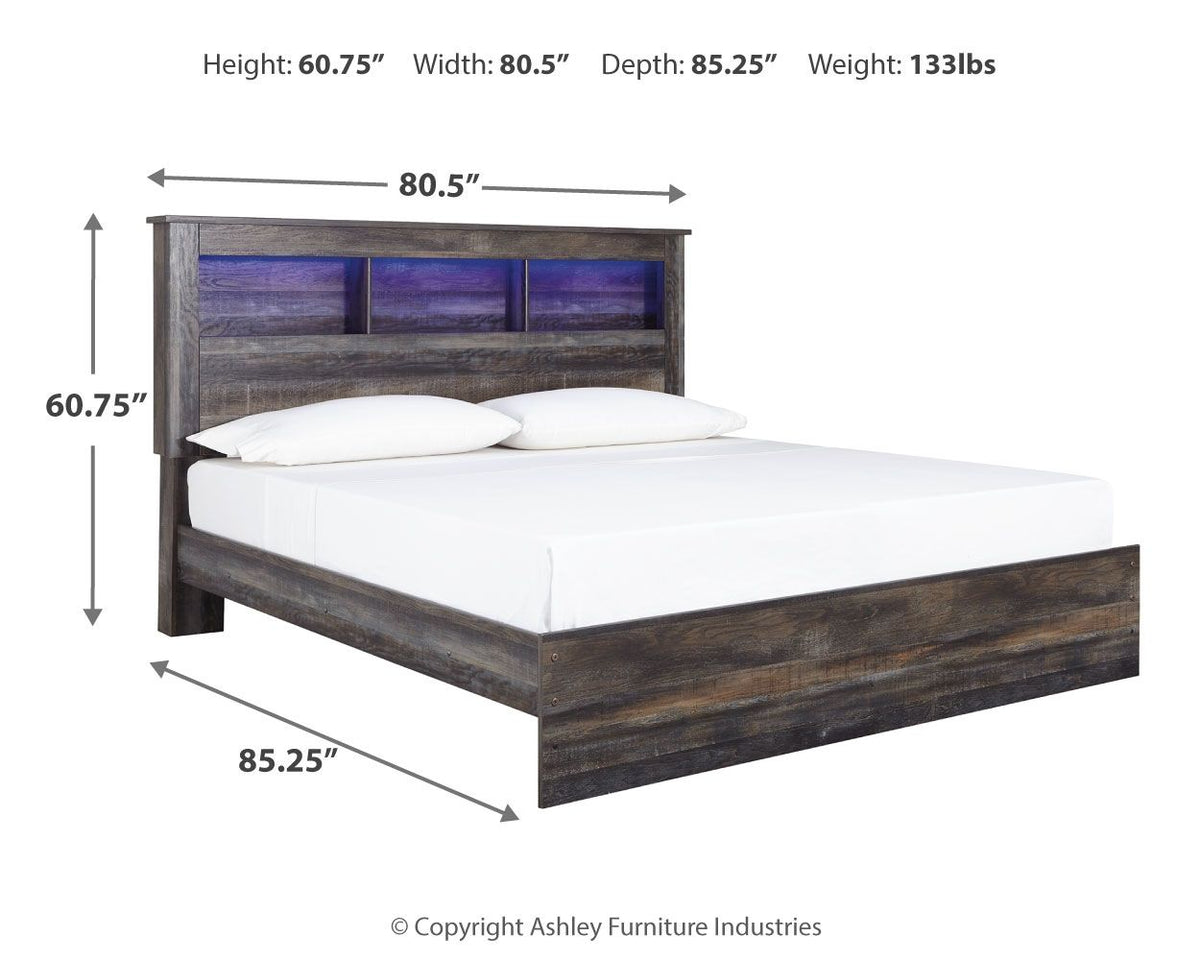 Panel bookcase bed in dark wood with open cubby headboard, two drawers, white mattress