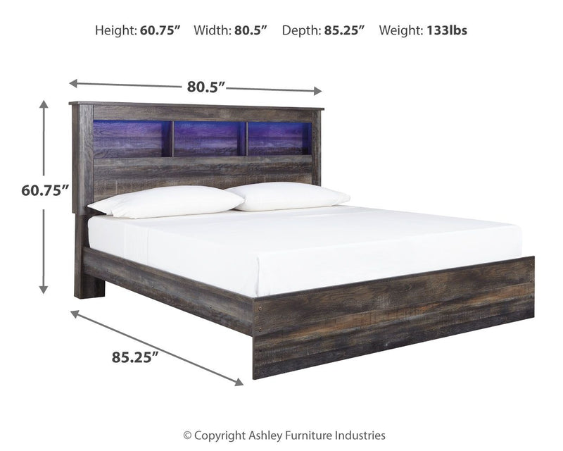 Panel bookcase bed in dark wood with open cubby headboard, two drawers, white mattress