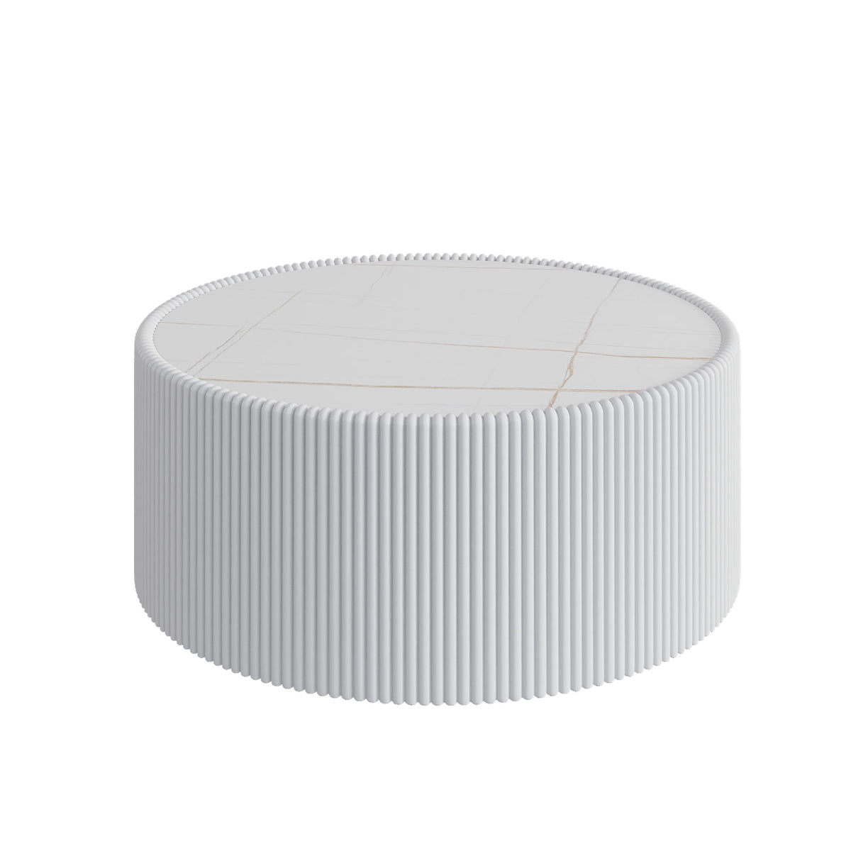 Light gray cylindrical coffee table with ribbed sides and round marble-look top