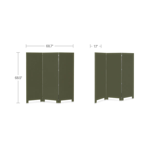 Deep olive 3-panel room divider screen with size 68.7 in wide, 68.5 in tall